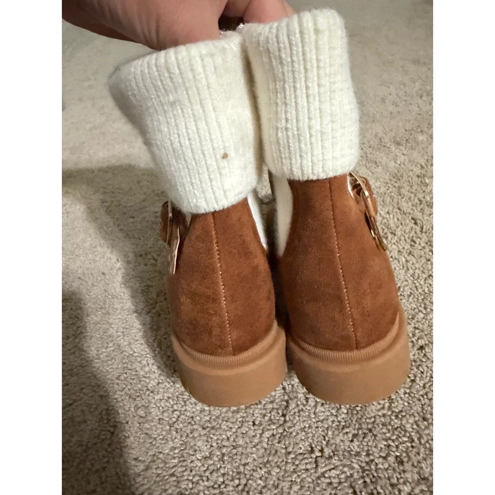 Girls Brown Faux Suede Ankle Boots Ribbed Knit Collar Buckle Strap Size 4